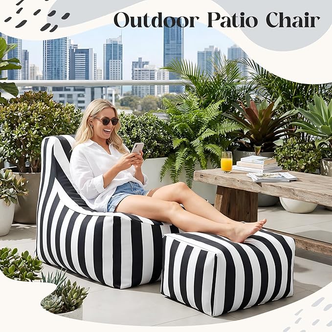 Outdoor Bean Bag Chair with Ottoman, Large Patio Lounge Chair for Adults, Thick Filled Lounger for Pool, Deck - Photo 2