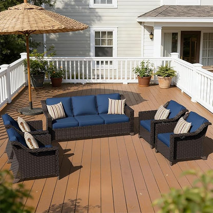 5 Pieces Patio Conversation Furniture Set - 1 Sofa, 4 Armchairs, Outdoor Wicker Furniture with Removable Cushions for Porch, Balcony, Sunroom (Blue)