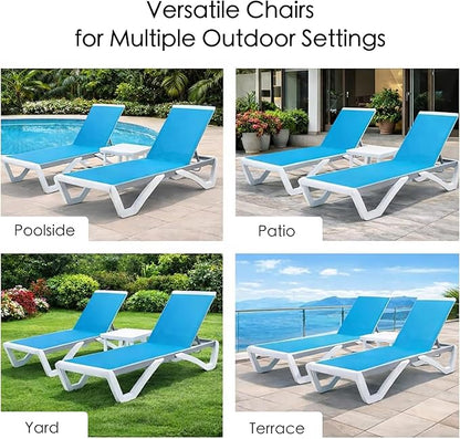 Kozyard Outdoor Chaise Lounge Chair, Full Flat Adjustable Patio Lounger with Aluminum Frame & Resin Legs, Textilene Fabric for Poolside, Backyard & Beach (Aqua/WhiteFrame, 2Chairs + Table)