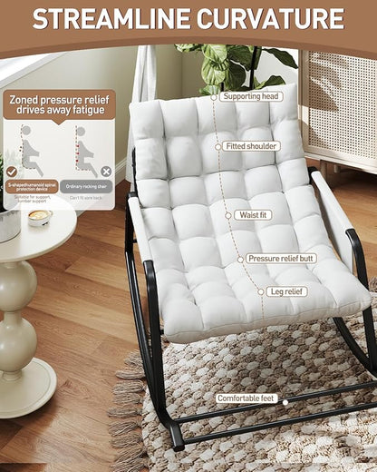 Oversized Indoor Rocking Chair, Plush Papasan Chair with Comfy Padded Cushions & Side Pocket, for Patio Garden, Porch, Lounge, Outdoor, Beige