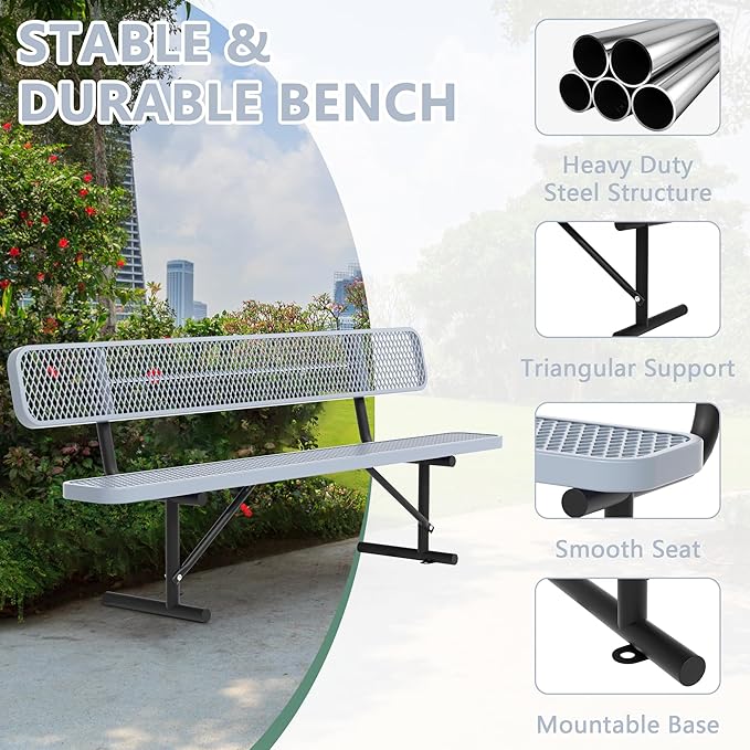 96" Metal Park Benches for Outside - Gray Outdoor Benches Heavy Duty Garden Weatherproof Bench with Backrest, Buddy Bench for Schools,Commercial Benches for Shopping Mall, Store, Yard, Patio