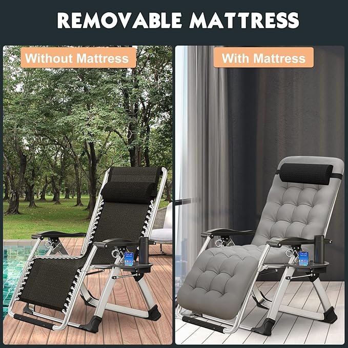 MOPHOTO Zero Gravity Chair, Outdoor Padded Lounge Chair with Side Table, Zero Gravity Recliner Chair, Outdoor Reclining Chair, Sturdy & Comfortable, Supports up to 440lbs