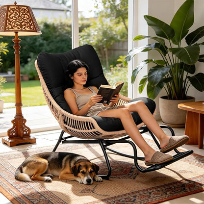 Outdoor Papasan Rocking Chair with Adjustable Footrest, Comfy Outdoor Lounge Chairs Heavy Duty Oversized Rocking Egg Chair Perfect for Patio Deck Garden and Indoor Use