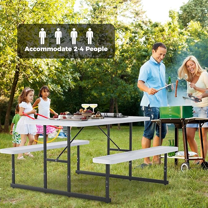 Giantex Picnic Table Bench Set for 4 People, 4.5FT Outdoor Rectangular Dining Table & 2 Benches w/Umbrella Hole - Photo 7