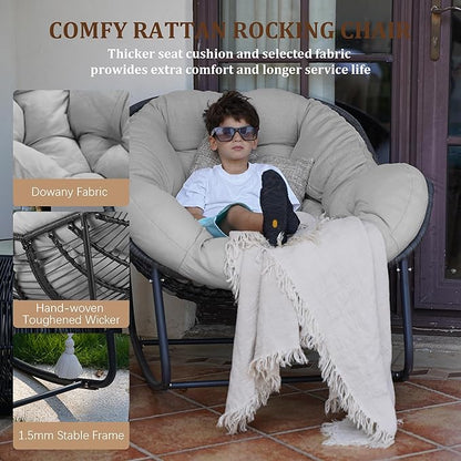 Oversized Rocking Chair Outdoor, Rocking Papasan Chair, Patio Egg Chair with Padded Cushion, Outdoor Wicker Rocking Chair for Front Porch, Garden, Patio (Light Grey, 1 Piece)