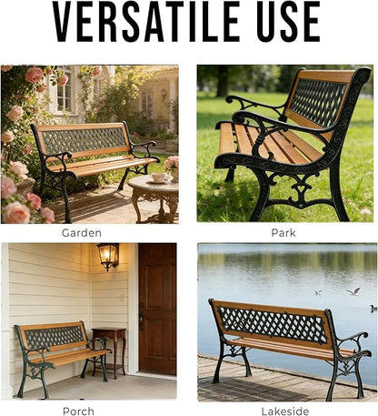 49" Outdoor Wood Bench for Garden, Patio & Porch, 2-Person Bench with Iron Armrests, PVC Backrest, Weather-Resistant Hardwood Seat, Natural Wood & Bronze