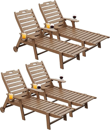 Carauci Lounge Chair Outdoor Set of 4, HDPE Chaise Lounge with Wheels, 5-Position Adjustable Backrest & 2 Cup Holders Patio Lounge Chair, All-Weather Pool Sun Lounger for Poolside, Backyard, Teak