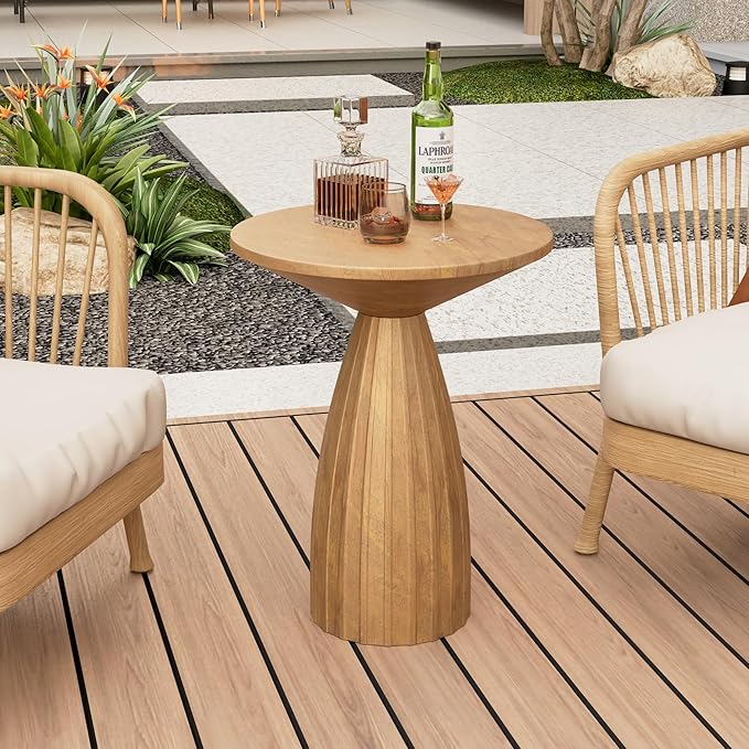 Metal Small Patio Table, Round Outdoor Side Table, Wood Color Outdoor Accent Patio End Table, for Garden, Pool, Deck, Balcony, Yard, Living Room, Weather Resistant, No Assembly