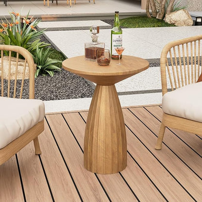 Metal Small Patio Table, Round Outdoor Side Table, Wood Color Outdoor Accent Patio End Table, for Garden, Pool, Deck, Balcony, Yard, Living Room, Weather Resistant, No Assembly