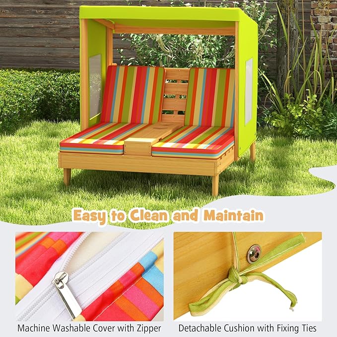 HONEY JOY Kids Chaise Lounge Chair Outdoor, Toddler Wood Double Pool Lounger Chairs w/Canopy, Cup Holders - Photo 6