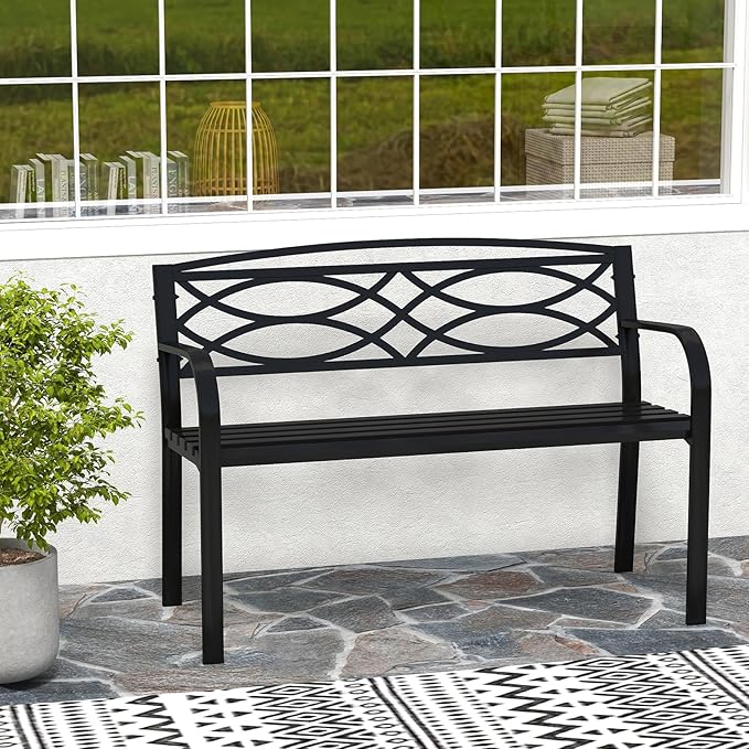 Tangkula Outdoor Metal Garden Park Bench, Heavy-Duty Metal Slatted Loveseat for 2 People with Curved Armrests & Backrest, Patio Park-Style Seating Furniture for Backyard, Poolside, Porch