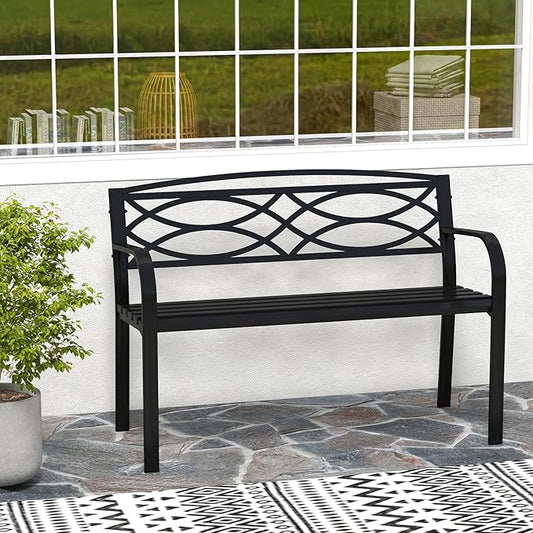 Tangkula Outdoor Metal Garden Park Bench, Heavy-Duty Metal Slatted Loveseat for 2 People with Curved Armrests & Backrest, Patio Park-Style Seating Furniture for Backyard, Poolside, Porch