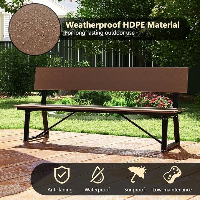 Tangkula 72” Outdoor Bench, Extra Long Patio HDPE Bench for 4 People, 1100 lbs Weight Capacity, Heavy-Duty Patio Picnic Dining Bench for Garden, Porch, Lawn, Backyard & Park
