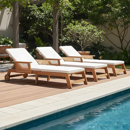 Merax 3-Pieces Retro Acacia Wood Outdoor Chaise Lounge with Wheels & 3-Position Adjustable Backrest, Vintage Wicker Sun Lounger with Plush Removable Cushion for Patio, Garden & Poolside, Acacia Wood
