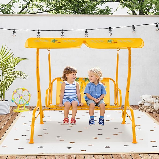 Costzon Kids Porch Swing, All-Weather Patio Swing Bench Hammock w/Adjustable Canopy & Safety Belts for 2 Children - Photo 8