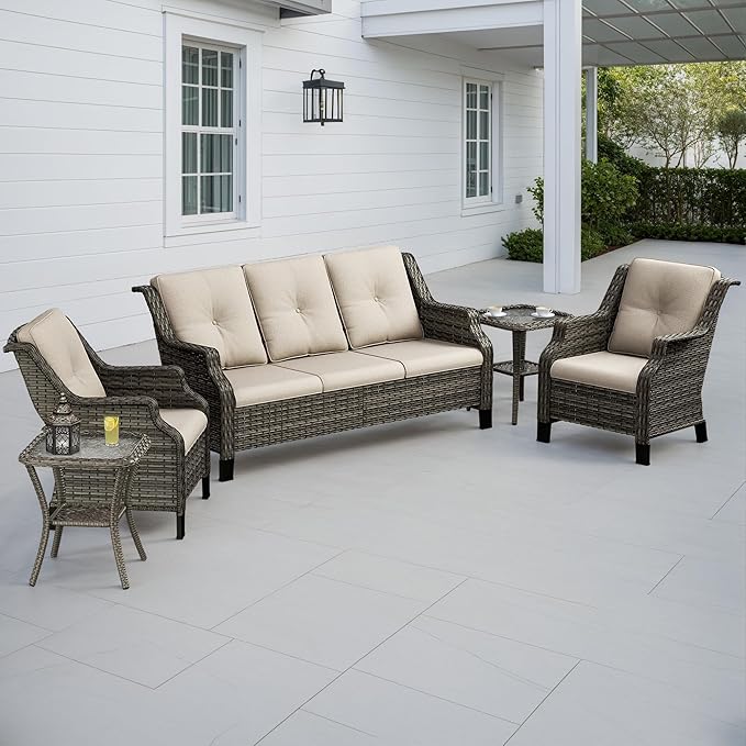 5 Piece Patio Furniture Set, 3-Seater Couch, 2 Chairs and 2 Side Tables - Photo 1