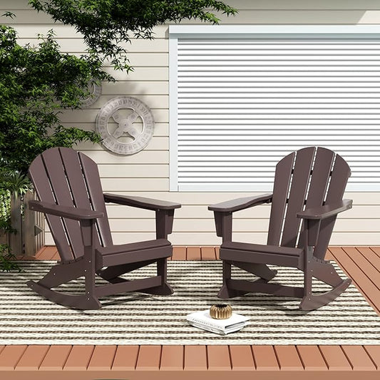 Costaelm Outdoor Adirondack Chair Set of 2, All Weather Resistant Classic Balcony Chair and Fire Pit Chairs, Plastic Outdoor Porch Furniture Rocking Chair High Back HDPE Poly Lumber, Dark Brown