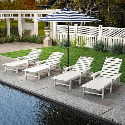 Giantex Lounge Chair Outdoor, Oversized Chaise Lounge Chair with 4-Position Backrest, Rotatory Cup Holder, Weatherproof HDPE Patio Lounge Chair for Outside Garden Deck Poolside Backyard, White (2)