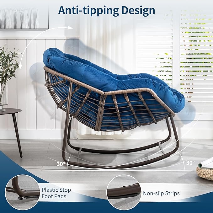 HOMEFUN Outdoor Patio Rocking Chairs Set of 2, Oversized Papasan Rock Chair Indoor with Velvet Padded Cushion - Rocker Egg Seat for Front Porch, Garden, Backyard Navy