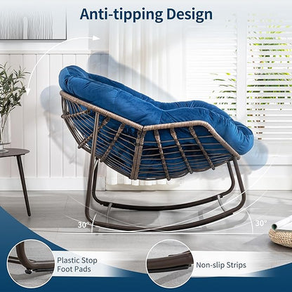 HOMEFUN Outdoor Patio Rocking Chairs, Oversized Papasan Rock Chair Indoor with Velvet Padded Cushion - Rocker Egg for Front Porch, Garden, Backyard Navy