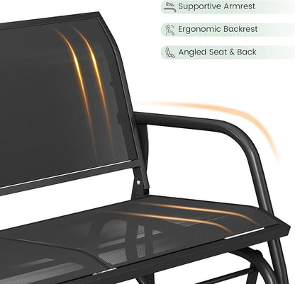 Patio Outdoor Glider Bench, High Backrest and Breathable Mesh Fabric, Yard Porch Loveseat, Outside Rocking Swing Chair, Heavy Duty Metal, Clearance, Black