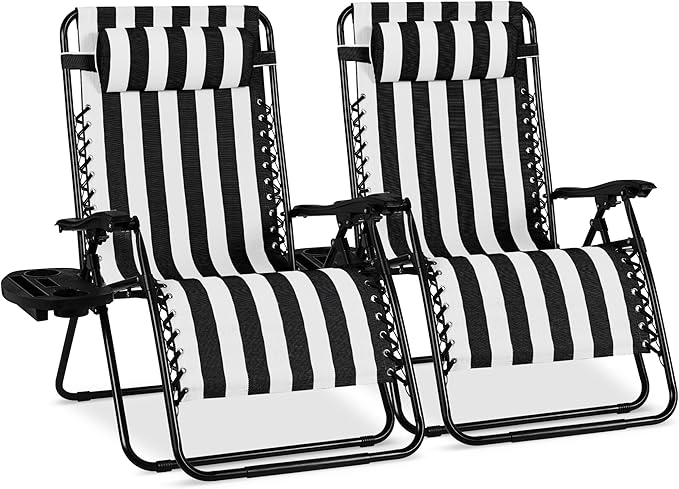 Best Choice Products Set of 2 Extra Wide Adjustable Steel Mesh Zero Gravity Lounge Chair Recliners w/Pillows and Cup - Photo 1
