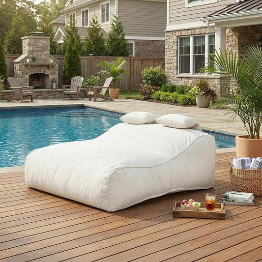 Merax Outdoor Bean Bag Chair Sun Lounger for 2 Adult, 73" Big Comfy Outdoor Bean Bag Daybed Couch with Headrest, Water-Resistant Fabric Patio Chaise Lounger Chair for Pool Balcony Beach Deck, Beige
