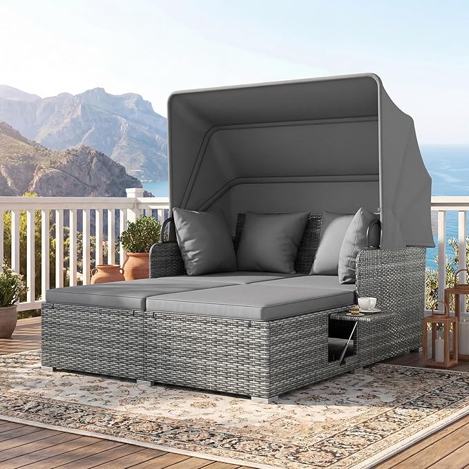 ORALNER Outdoor Daybed, 2-Person Wicker Patio Sofa with Retractable Canopy, Cushions & Pillows, 2 Side Trays - Photo 1
