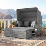 ORALNER Outdoor Daybed, 2-Person Wicker Patio Sofa with Retractable Canopy, Cushions & Pillows, 2 Side Trays - Photo 1