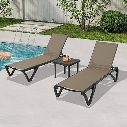 Domi Pool Lounge Chairs, Aluminum Patio Chaise Lounge with Side Table, 5 Position Adjustable Backrest and Wheels, All Weather Outdoor Lounge Chairs for Beach, Yard, Balcony, Poolside, Khaki