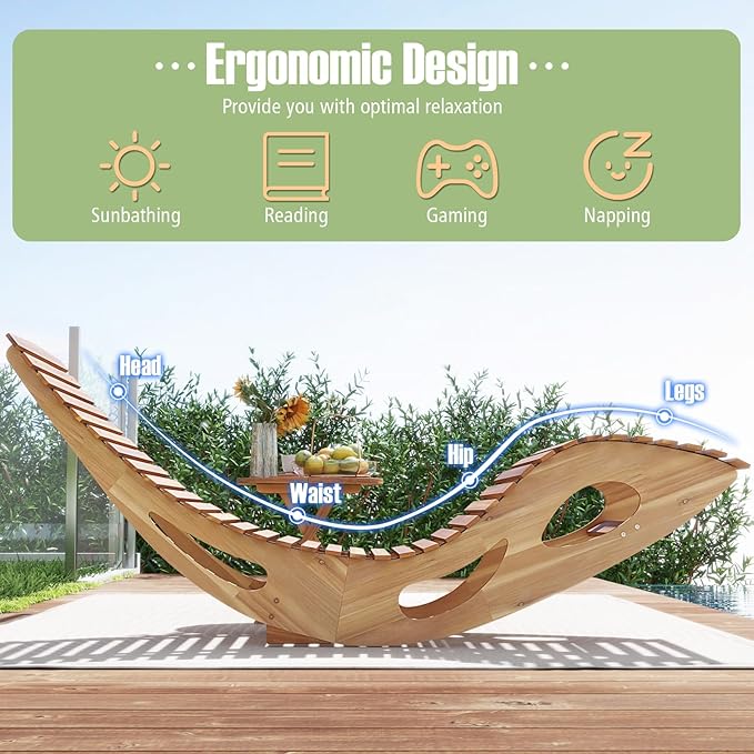 RELAX4LIFE Rocking Chaise Lounge Chair - Acacia Wood Sun Lounger w/Slatted Seat & Bottom Stopper - Photo 6