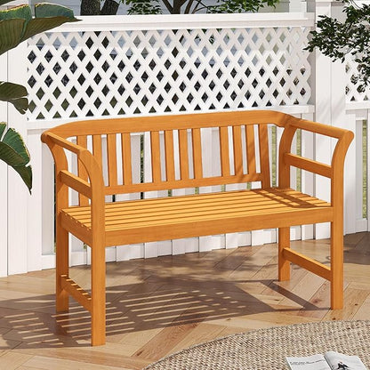 Tangkula Acacia Wood Outdoor Bench with Slatted Backrest, 2-Person Patio Wood Bench with Curved Armrests, Slatted Seat, Garden Bench Loveseat for Park, Yard, Lawn, Patio, 800 LBS Max Load