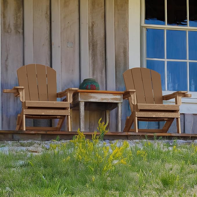 YEFU Adirondack Chair, Foldable Oversized Plastic Adirondack Chair Set of 4 with Cup Holder, Patio Chair with Weather Resistant for Outside Deck Lawn, Weight Capacity Up to 400 Lbs –Teak