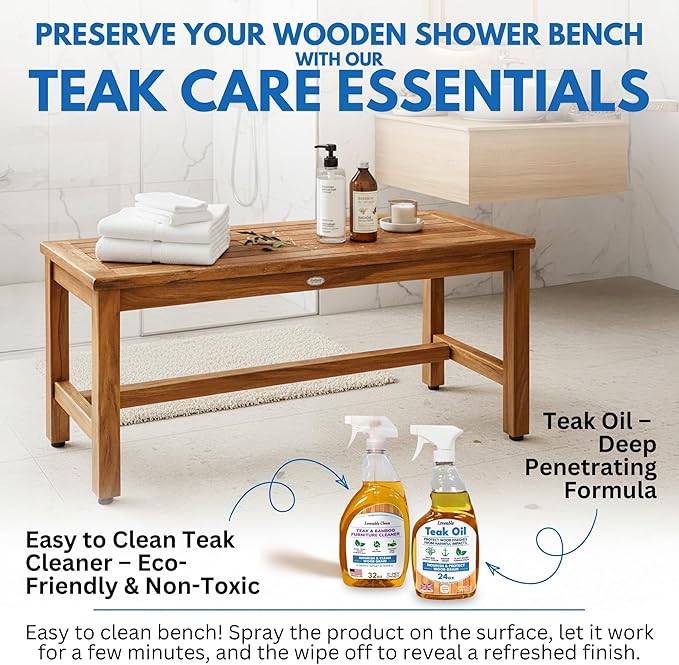 Decoteak EcoDecors Eleganto 47 Inch Natural Color Waterproof Teak Wood Shower Bench Stool Seat Chair for Inside Shower Provides Safety, Storage, and Organization for Bathroom Accessories