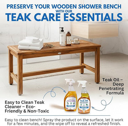 Decoteak EcoDecors Eleganto 47 Inch Natural Color Waterproof Teak Wood Shower Bench Stool Seat Chair for Inside Shower Provides Safety, Storage, and Organization for Bathroom Accessories