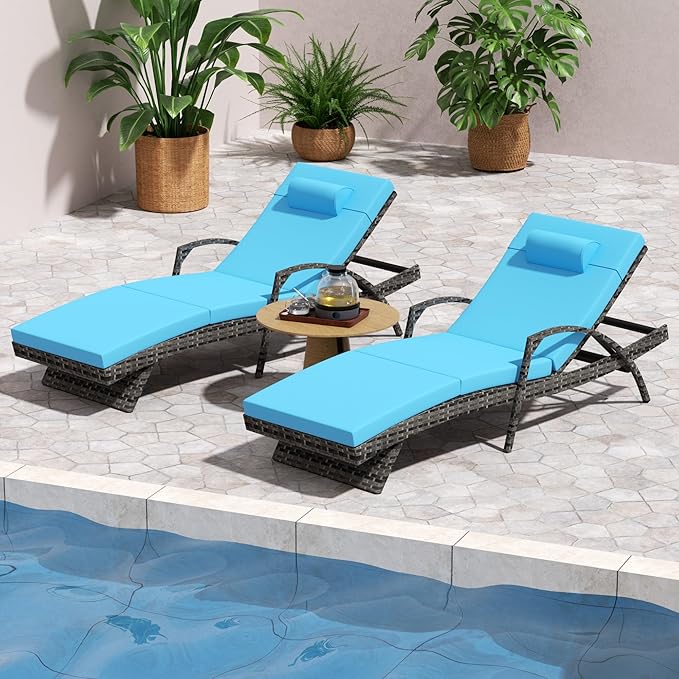 Outdoor Lounge Chairs Set of 2,Wicker Chaise Lounge Chair Pool Chaise Lounge,Patio Lounge Chair with Adjustable Backrest Arm Cushion for Poolside