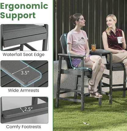 Giantex Outdoor Tall Adirondack Chairs Set of 2, HDPE Adirondack Bar Stools w/Double Connecting Tray, Umbrella Hole, High Backrest, All-Weather Balcony Chair, Patio Barstools for Garden Lawn (Gray)