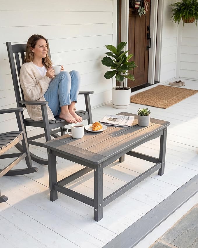 Outdoor Coffee Table for Patio, 35 Inch Rectangle Patio Coffee Table, Gray All-Weather Poly Lumber Outside Table, 250 lb Capacity Outdoor Patio Table for Deck Balcony Garden Porch Poolside