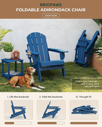 BRIOPAWS Folding-Adirondack-Chairs Set of 6 | HDPE | Fire Pit Chair | Cup Holder | Weather Resistance | Blue | for Outdoor Backyard Deck Patio