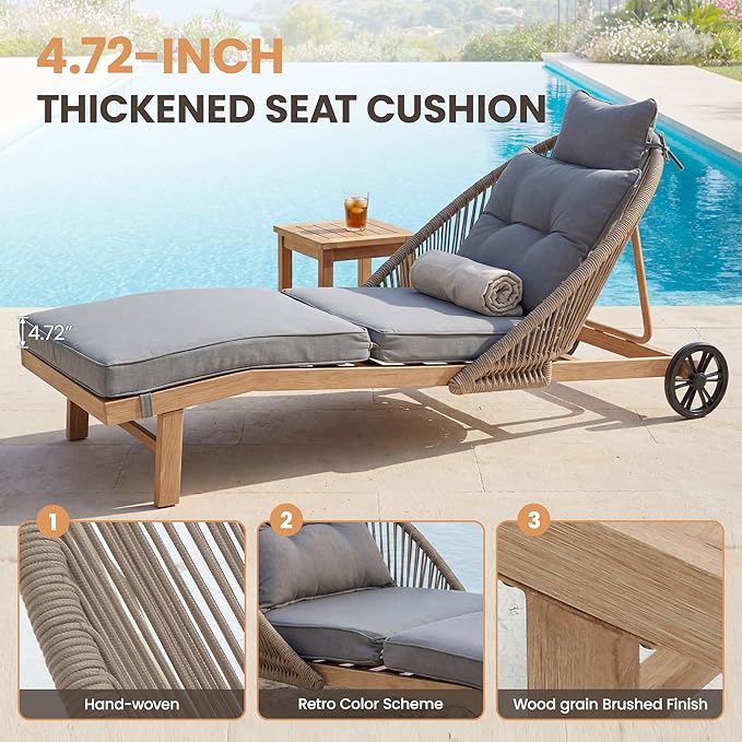 Lounge Chair Outdoor Set of 2 Chaise Lounger, Rope Lounge Chair Patio Chairs with Cushion & Backrest, Outdoor Chaise Lounges for Backyard, Poolside, Patio, Garden, Grey