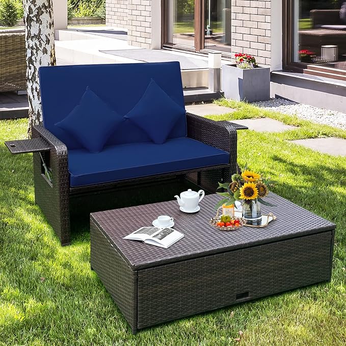 COSTWAY Patio Rattan Daybed with Cushions, Outdoor Wicker Loveseat Sofa with Storage Ottoman - Photo 2