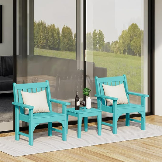 Costaelm 3 piece Patio Set, Outdoor Table and Chairs Set of 3, 3-Piece HDPE Garden Chair with Square Adirondack Side Table, Porch Chairs Coffee Table for Outside Porch Backyard, Turquoise