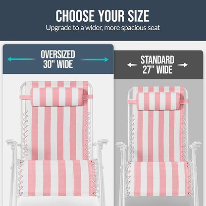 Best Choice Products Set of 2 Extra Wide Adjustable Steel Mesh Zero Gravity Lounge Chair Recliners w/Pillows and Cup Holder Trays - Flamingo Stripes/White