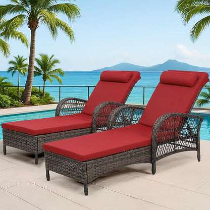 Outdoor Chaise Lounge Chair Set of 2, PE Wicker Recliner Patio Reclining Sunbathing Chair with Cushion, 6-Position Patio Lounge Chair with Adjustable High Backrest, Armrest & Pillow, Red