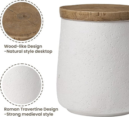 COSIEST Drum End Table Cylinder Shaped Concrete Side Table Faux-Wood Top, White Outdoor Accent Table with Tree Trunk Slice Hand Painted, Accent Stool