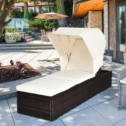 RELAX4LIFE Rattan Chaise Lounge Chair - PE Wicker Reclining Lounger with 5-Position Adjustable Backrest, Retractable Canopy, Side Table & Cushions, Sun Lounger for Garden, Porch & Beach (2, White)