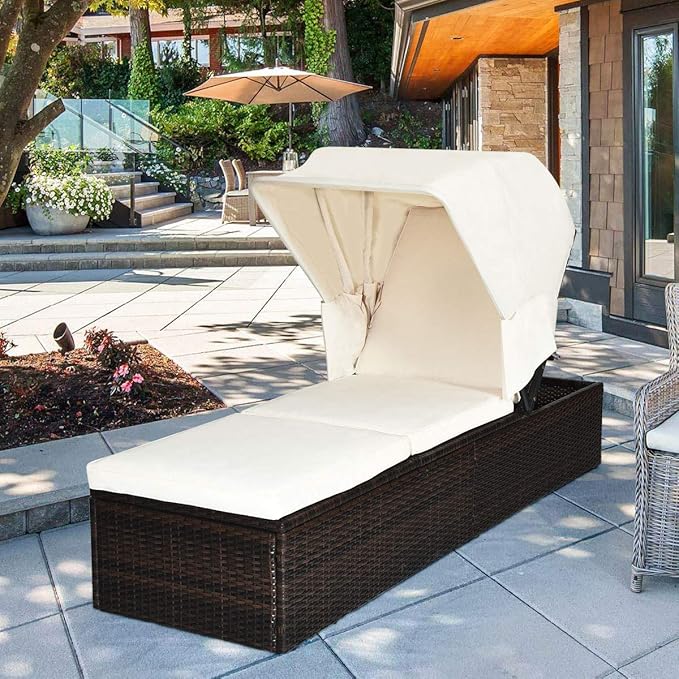 RELAX4LIFE Rattan Chaise Lounge Chair - PE Wicker Reclining Lounger with 5-Position Adjustable Backrest, Retractable Canopy, Side Table & Cushions, Sun Lounger for Garden, Porch & Beach (1, White)