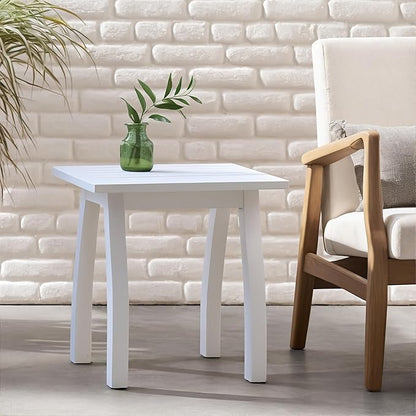 Christopher Knight Home Selma Acacia Wood Outdoor Side Table, Decorative Rectangular Small Accent Table, Weather Resistant Patio End Table for Balcony Beach Pool Side, Slatted Design, White PU