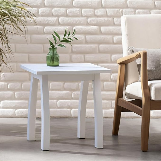Christopher Knight Home Selma Acacia Wood Outdoor Side Table, Decorative Rectangular Small Accent Table, Weather Resistant Patio End Table for Balcony Beach Pool Side, Slatted Design, White PU