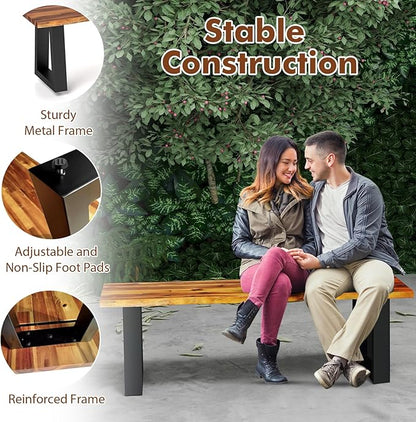 Outdoor Bench, 57.5” Rustic Acacia Wood Dining Bench with Metal Legs, Weatherproof Park Benches for Outside, 2-Person Backless Narrow Garden Bench for Indoors & Outdoors (1)
